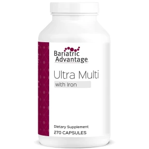 " "Suplemento diario Bariatric Advantage Ultra Multi con Hierro, alta potencia multivitamínico para pacientes de cirugía bariátrica con 22 vitaminas y nutrientes esenciales - 270 cápsulas, 90 porciones"