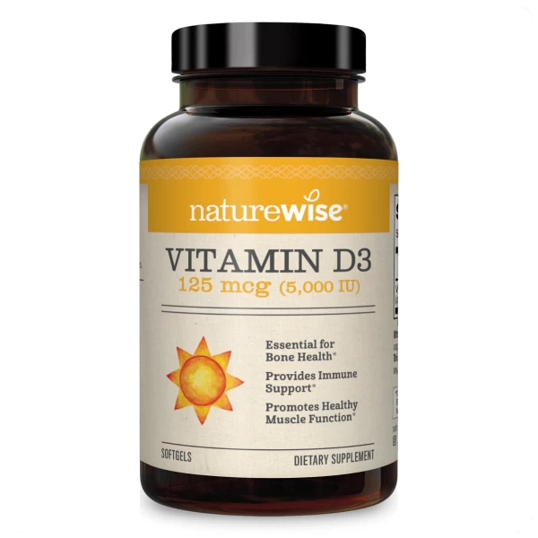 NatureWise Vitamin D3 5000iu (125 mcg) 1 Year Supply for Healthy Muscle Function, and Immune Support, Non-GMO, Gluten Free in Cold-Pressed Olive Oil, Packaging Vary ( Mini Softgel), 360 Count "Suministro de 1 año de Vitamina D3 de NatureWise 5000 IU (125 mcg) para función muscular saludable y apoyo inmunológico. Sin GMO y libre de gluten, en aceite de oliva prensado en frío con variedad de empaque (cápsula mini suave), 360 unidades."