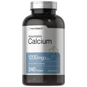 Calcio 1200 mg con Vitamina D3 | 240 cápsulas blandas de 5000 UI suplemento absorbible sin OMG, sin gluten por Horbaach.
