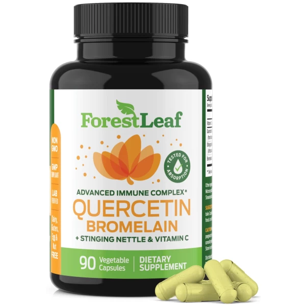 Suplemento avanzado de Quercetina - ForestLeaf 500mg con Bromelina, Vitamina C y Ortiga en cápsulas vegetarianas de 90 - Mejora la función inmune y respiratoria naturalmente.