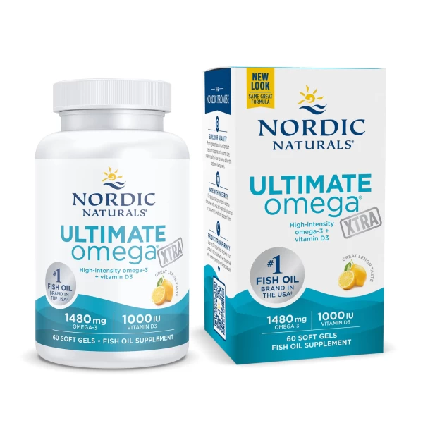Nordic Naturals Ultimate Omega Xtra, Lemon Flavor - 60 Soft Gels - 1480 mg Omega-3 + 1000 IU Vitamin D3 - Omega-3 Fish Oil - EPA & DHA - Brain, Heart, Joint, & Immune Health - 30 Servings "Nordic Naturals Omega Xtra Final, Sabor Limón - 60 Cápsulas Blandas - 1480 mg de Omega-3 + 1000 UI de Vitamina D3 - Aceite de Pescado Omega-3 - EPA y DHA - Salud Cerebral, Cardíaca, articular e inmunológica - 30 porciones"
