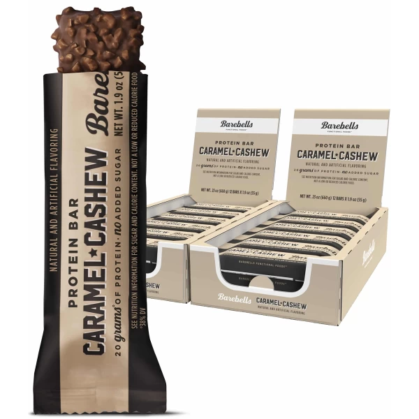 "Barritas proteicas Barebells sabor caramelo y anacardos - 12 unidades, pack de 2 - Snacks con 20g de proteína - Barra de proteína sabor chocolate con 1g de azúcares totales - ¡Perfecta para llevar y como desayuno saludable!"