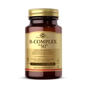 "BComplex Solgar "50" - Cápsulas vegetales para energía, apoyo metabólico, sistema cardiovascular y nervioso, sin OMG, vegano, libre de gluten y lácteos, kosher y halal, 100 unidades"