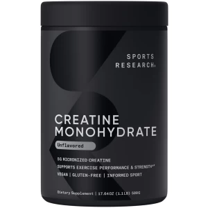 "Creatina monohidratada de Sports Research - Aumenta músculo magro, mejora rendimiento y fuerza y apoya recuperación de entrenamiento - 5g creatina micronizada - 1.1 lbs"