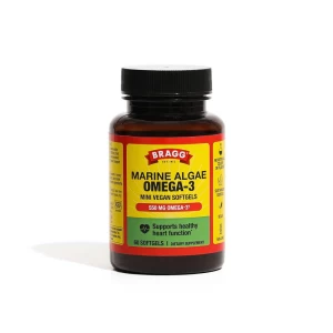 "Suplemento vegano de omega 3 Bragg – Algas marinas de origen sostenible – Ayuda a la salud del cerebro, ojos y corazón - Con ácidos grasos EPA y DHA – No GMO – 60 cápsulas suaves"