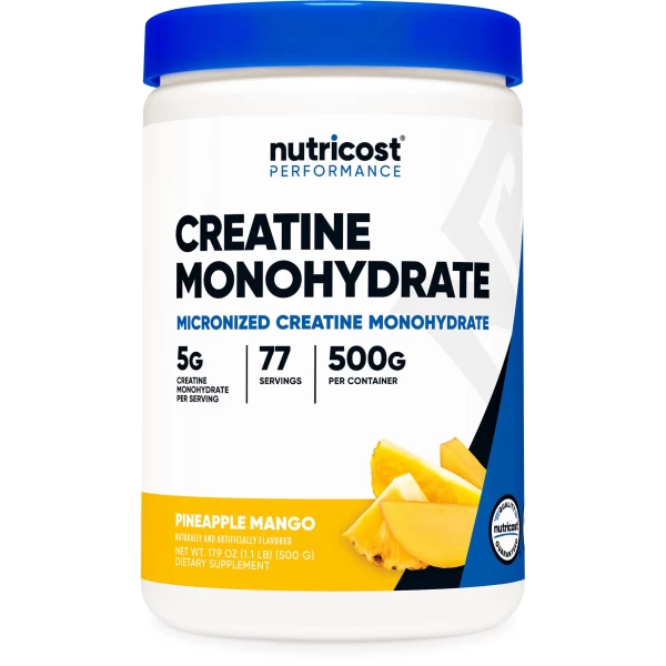 "Creatina en polvo Nutricost (Piña Mango, 500 g) - Suplemento micronizado vegano, no transgénico y sin gluten"