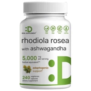 Rhodiola Rosea y Ashwagandha 5000mg en 240 Cápsulas Veggie para Salud Cerebral y Energía