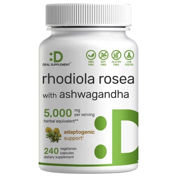 Rhodiola Rosea y Ashwagandha 5000mg, 240 Cápsulas Veg - Salud Cerebral y Energía Rhodiola Rosea y Ashwagandha 5000mg en 240 Cápsulas Veggie para Salud Cerebral y Energía