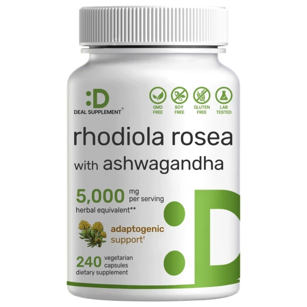 Rhodiola Rosea y Ashwagandha 5000mg, 240 Cápsulas Veg - Salud Cerebral y Energía Rhodiola Rosea y Ashwagandha 5000mg en 240 Cápsulas Veggie para Salud Cerebral y Energía