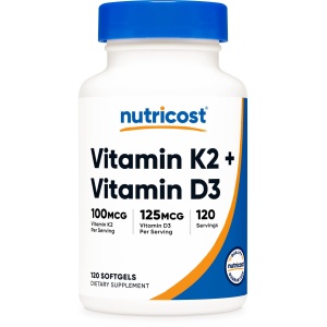Softgels de Vitamina K2 (MK7) y D3 de Nutricost, 120 porciones